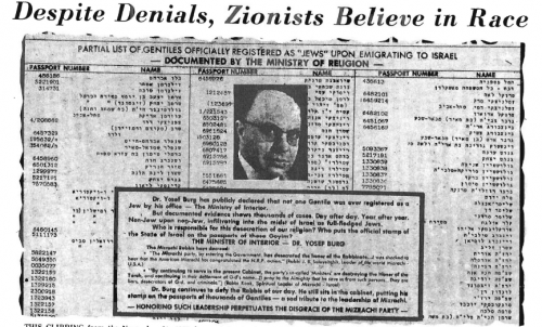 This clipping from the November 21, 1975, issue of the Jewish Press, which claims to have the largest circulation of any English-language weekly newspaper for Jews, complains that Gentiles are "infiltrating" into Israel posing as Jews, thus "desecrating" the Jewish state and religion. In the eyes of orthodox Jews, "goyim" (Gentiles) are mere cattle, not human beings.