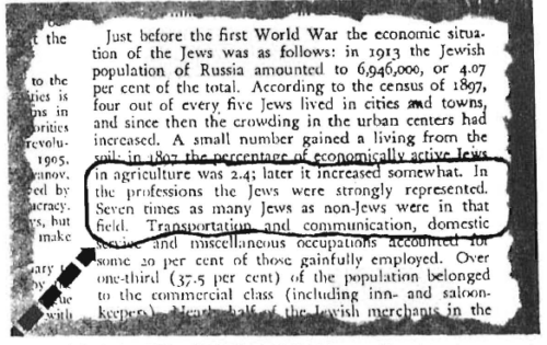 Universal Jewish Encyclopedia reveals virtual monopoly Jews established in the professions in Russia, holding seven-eighths of all professional positions. This was at a time when they were crying to the world about how the tsars were "oppressing" them!