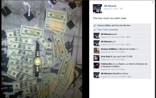 A Facebook posting by the apparently Muslim 19-year-old convenience store operator, Ali Alsanai, who was friends with Jessica and who denies any gang involvement. Here he brags about buying a $5,000 watch with cash at the age of 15.