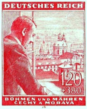 Adolf Hitler looks out over the city of Prague in this postage stamp from the Protectorate of Bohemia and Moravia.