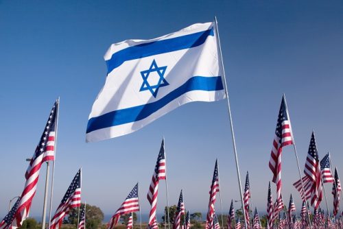 Flag of Israel surrounded by U.S. flags