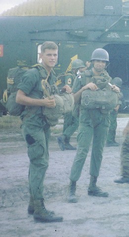 LT Williams, ready for parachute jump with CPT Robert Marasco, alleged "trigger man" in the notorious "Green Beret Affair" in RVN.