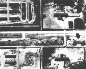 Enlargement of an Allied aerial reconnaissance photo of Auschwitz-Birkenau, taken on August 25, 1944. It shows no trace of piles of corpses, smoking crematory chimneys or masses of Jews awaiting death. A large blow-up of this photograph was displayed at the Weber-Shermer debate.