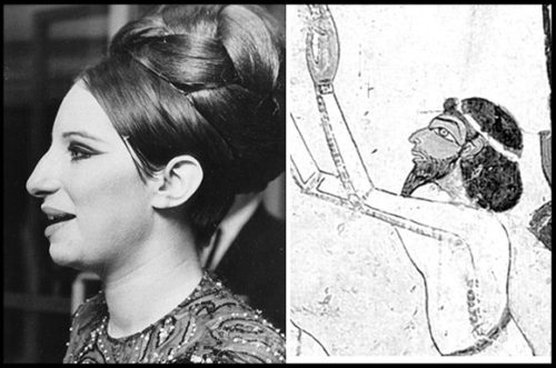 Above: These two illustrations make the point even more dramatically. On the left, the Ashkenazim Jewess, Barbara Streisand, New York, 1966. On the right, a Jewish leader of Israelite trade delegation as portrayed on a mural on the wall of the 18th Dynasty (1400 BC) Tomb of Sobekhotep, Thutmose IV; Egypt.