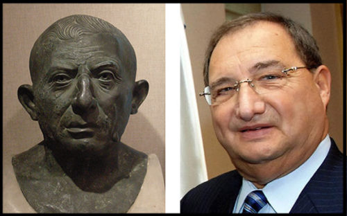 Left: The famous banker of Pompeii, Jucundus, who lived circa 20–62 AD. Identified as a Jew by the German anthropologist, Hans F.K. Günther, in his book “Racial Elements of European History” (Fig, 240a and b, chapter VIII). Alongside, the Ashkenazi Jew, Abe Foxman of the ADL. The similarity between Jucundus and Foxman is clear, and serves a further indication of the physical continuity of the Jewish type over centuries—something that would be impossible if the “Khazar theory” was true.