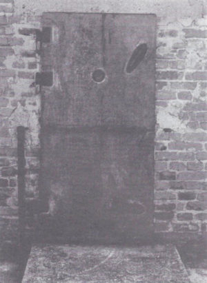 A casting of this "gas chamber" door from the Majdanek camp in Poland is on display at the US Holocaust Memorial Museum in Washington, DC. French Holocaust researcher Jean-Claude Pressac has conceded that this "gas chamber" is a fraud. (See the Sept.-Oct. 1993 Journal, p. 39.)