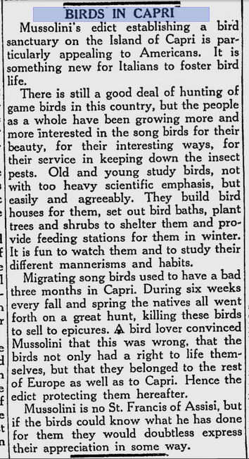 Berkeley Daily Gazette 15 January 1934 on Mussolini's bird sanctuary in Capri