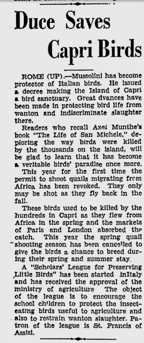 Il Duce saves Capri birds, San Jose News, April 1934