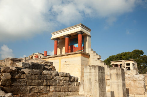 One of the buildings in Knossos restored by British archeologist Sir Arthur Evans. Knossos was the major civil center of the Minoans.