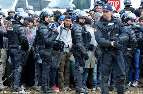 Escorted: Migrants arrive a temporary holding area after being escorted by police from the Croatian and Slovenia border.