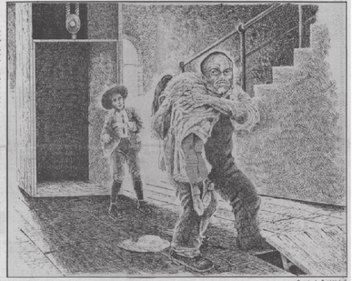 An artist’s interpretation of the confrontation between Alonzo Mann, then 14, and Jim Conley, holding the limp form of Mary Phagan on the first floor of National Pencil Co.