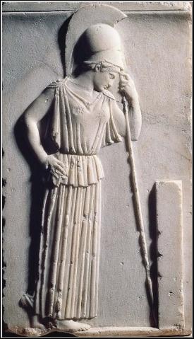 Athena mourning a dead Greek hero; fifth-century marble relief in the Acropolis Museum.