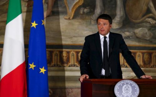 Italian Prime Minister Matteo Renzi makes a speech on the theme "A response to terror" during a news conference in Rome