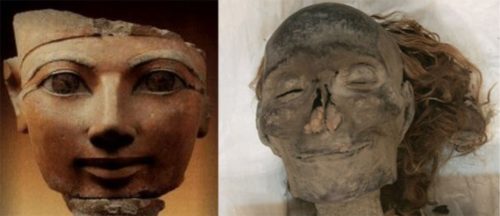 Above: A bust of the female Pharaoh Hatshepsut, fifth pharaoh of the eighteenth dynasty (1509–1458 BC), and her mummy. From The Children of Ra.