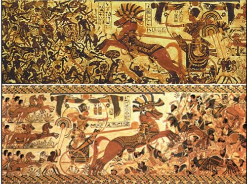 Above: Close-ups of the sides of Tutankhamun’s “Hope Chest” showing Semitic and black enemies being defeated. From The Children of Ra.