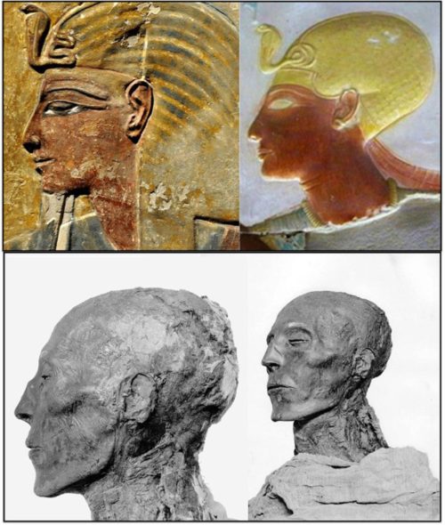 Above: Artwork depicting Pharaoh Seti I, made during his lifetime at the Temple at Abydos, circa 1320 BC, and his mummy. From The Children of Ra.