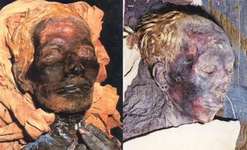 Above, left: Yuya, an Egyptian nobleman from 1400 BC. He was the father of Tiy, the wife of Pharaoh Amenhotep III. Yuya’s blond hair has been well preserved by the embalming process. Alongside, his equally blonde-haired wife, Thuya, great grandmother of Tutankhamen. From The Children of Ra.