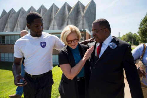 Playing the race card: US Senator Claire McCaskill (D-Mo.) in Florissant, a St. Louis suburb, during the riots.