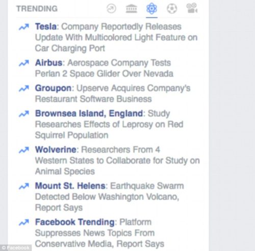 Hot topic: The story of Facebook's alleged bias appeared on the trending news feed on the right hand side of users' homepage later on Monday. Facebook has denied bias, insisting protocol prevents it.