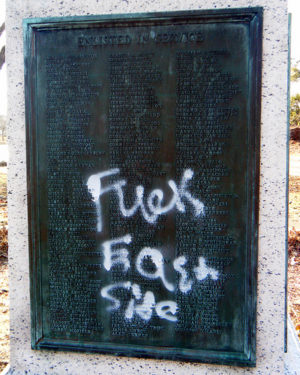 How the local anthropoids now treat the base of Federici's War Memorial monument in Paterson, New Jersey