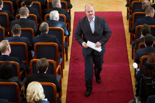 Marian Kotleba, the leader of the far-right People’s Party-Our Slovakia, in March inside Parliament in Bratislava.