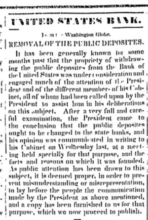 News report of Jackson shutting down the Second Bank of the United States, Geneva Gazette, October 2, 1833