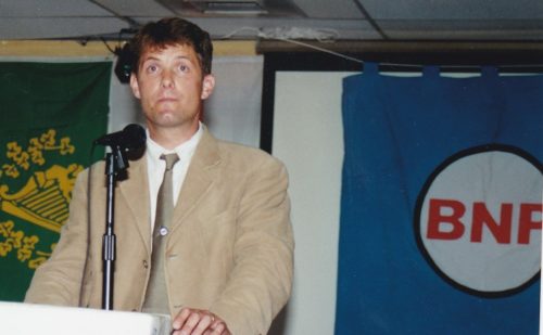 Richard Barnbrook addressing an AF-BNP meeting in Arlington, Virginia in August 2000. He attended the meeting with his American wife and her family.