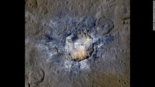 On April 19, NASA released new images of bright craters on Ceres. This photo shows the Haulani Crater, which has evidence of landslides from its rim. Scientists believe some craters on the dwarf planet are bright because they are relatively new.