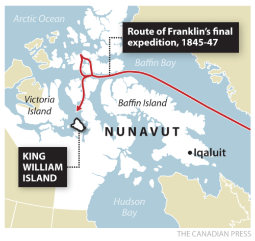 Shown is the route of Sir John Franklin's final expedition from 1845-47.