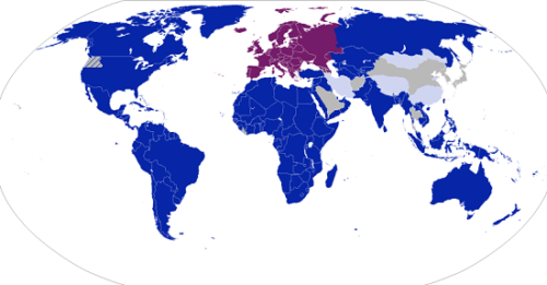 White European expansion as the manifestation of a single race: territories which have been, at any point in time, under the political control of a European entity (dark blue) or under the European sphere of influence (light blue). Oregon Territory, which experienced joint occupancy under the US and Britain, is marked with alternating gray and blue. Continental Europe is purple. At no single point in time was all the political territory shown under European control.