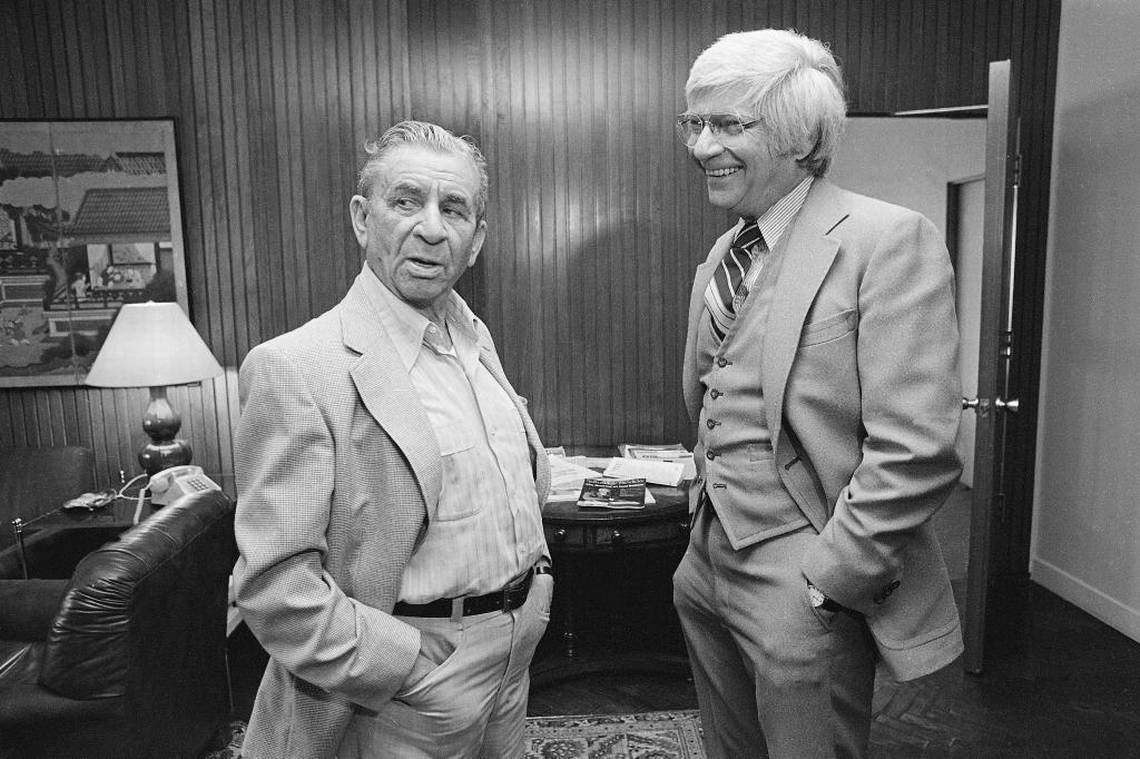 Jewish mobster and ADL financial angel Meyer Lansky, left, with his attorne...